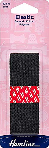 Hemline General Purpose Knitted Elastic – 32mm x 1m Black For Sportswear, Tracksuits & Garments Soft, Stretchy Polyester Elastic for Versatile and Durable