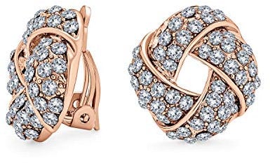 Woven White Clear Crystal Love Knot Work Clip On Earrings For Women Non Pierced Ears Rose Gold Plated Brass