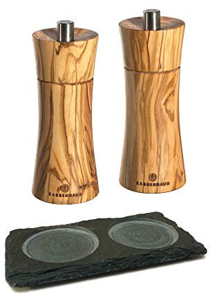 Zassenhaus Salz und Pfeffermühle 14 cm Frankfurt Olivenholz mit Schiefer-Untersetzer