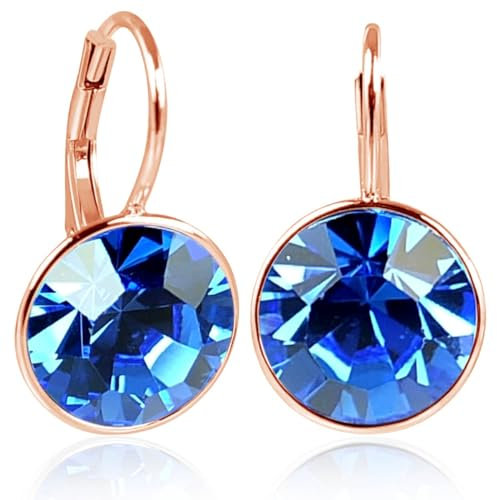 NOBEL SCHMUCK Ohrringe Rosegold Blau 925 Sterling Silber Markenkristalle Sapphire Klappverschluss