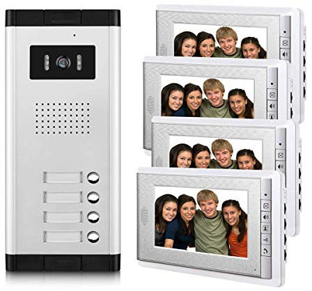 AMOCAM Video door phone System,Video Intercom Kit, 1 PCS Night Vision Camera, 4 PCS 7 Inches Monitor Wired Video Doorbell for 4 Units Apartment Home, Support Monitoring, Unlock, Dual Way Intercom
