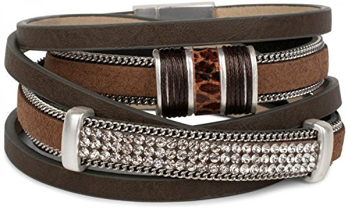 styleBREAKER Vintage Wickelarmband mit Strass, Gliederkette und Magnetverschluss, 3-Reihig, Armband, Damen 05040024, Farbe:Dunkelbraun