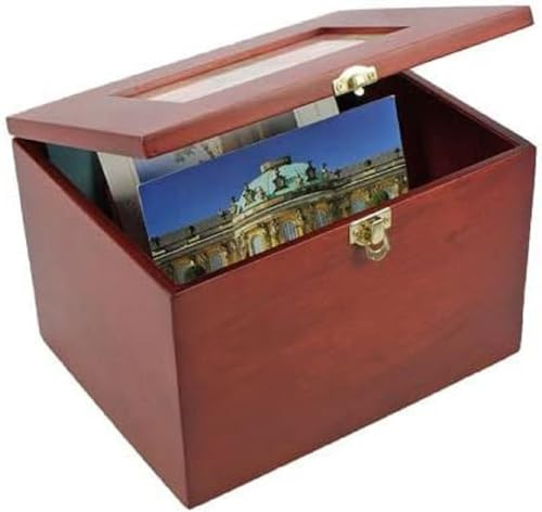 SAFE 5870 Sammelbox aus Holz – Hochwertige Aufbewahrungsbox für bis zu 400 Postkarten, Fotos & Schmuck – Mahagonifarben, mit rotem Samt ausgekleidet, Messingfarbenes Klappschloss, 23x18,5x15,5 cm