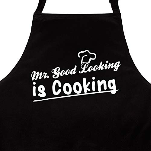 WANDKINGS Schürze Mr Good Looking is Cooking - Grillschürze - Küchenschürze - Kochschürze - Latzschürze mit verstellbarem Nackenband