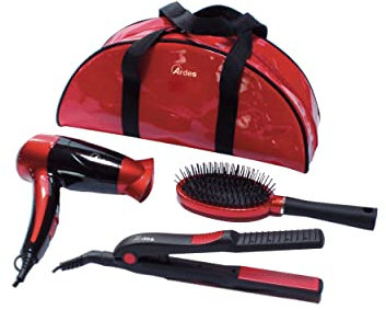 ARDES Kit de Viaje para Mujer Bolsa Neceser Portátil con Kit Belleza Mini Secador de pelo de Viaje Plegable + Plancha Portátil + Cepillo de Viaje Color Rojo