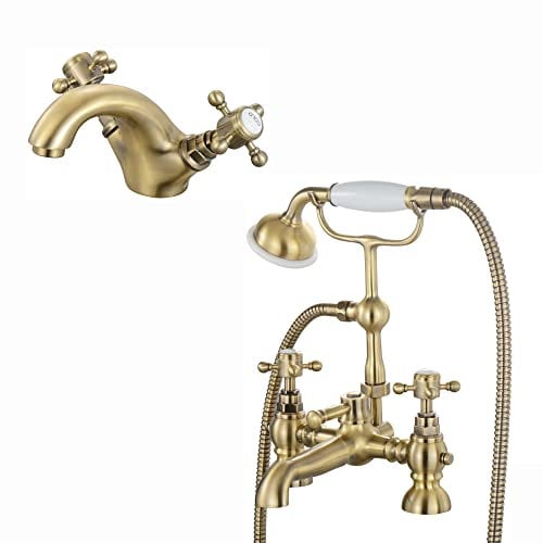 ENKI, Camberley, BBT0142, Antique Brass, Bathroom Basin Mixer Tap + Bath Shower Mixer Tap Pack, Traditional Cross Tap, Solid Brass, Easy Clean, Traditional Design, Easy to Install, 10-Year Guarantee
