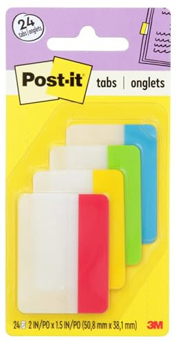 Post-it Tabs, 2 inch Solid, Assorted Primary Colors, 6/Color, 4 Colors, 24/Pk (686-ALYR)