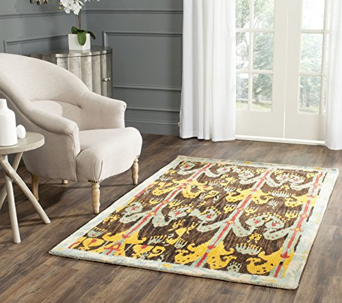 SAFAVIEH Geometrisch Teppich für Wohnzimmer, Esszimmer, Schlafzimmer - Ikat Collection, Kurzer Flor, Kohle und Blau, 122 X 183 cm