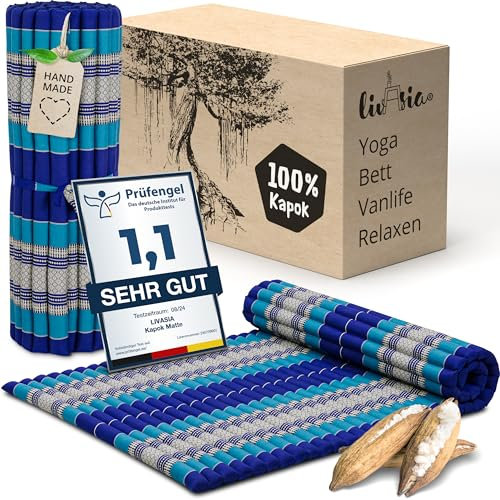 livasia Rollmatte Rollmatratze L breit bequem - 200x110x4,5cm - Gästebett Gästematratze 1 Person, Reisebett Kofferraum outdoor, Thaimatte Kapok Garten Balkon handgefertigt (Blau)
