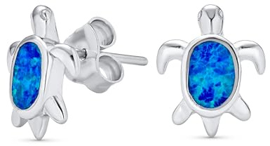 Nautische Hawaiianische Strand Blau Erstellt Opal Inlay Meeresschildkröte Ohrstecker Klein .925 Sterling Silber Für Frauen Teen 13Mm