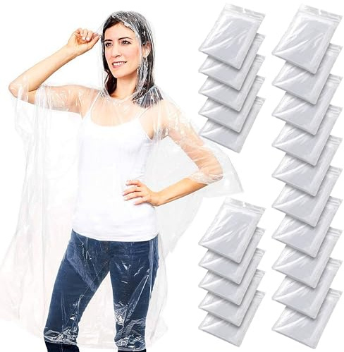 Juvale 20-Pack Disposable Rain Ponchos for Adults - One Size, Clear Hooded - Plastic Ponchos Bulk & Emergency Rain Gear for Camping & Festivals..