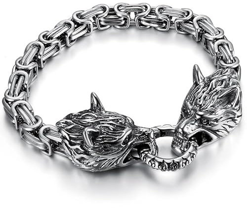 BOBIJOO Jewelry - Bracelet Homme Viking Double Tête de Loup Acier Inoxydable 316L 21cm 70gr