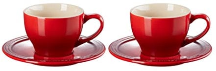 Le Creuset Stoneware Set of 2 Cappuccino Cups and Saucers , 7 oz. each, Cerise