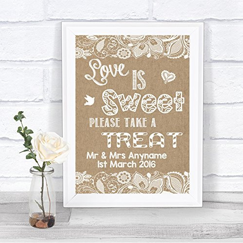 Burlap & Lace Effect Love is Sweet Candy Buffet Personalised Wedding Sign Print