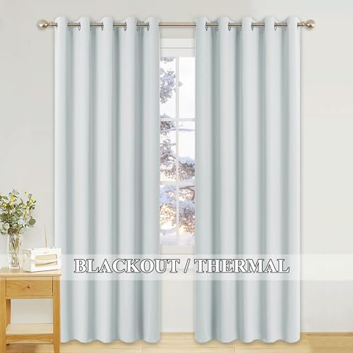 PONY DANCE Schlafzimmer Vorhänge Wärmeisolierend Verdunkelungsvorhang mit Ösen Gardinen Weiß Blickdicht Thermovorhang gegen Hitze, 2er Set H 228 x B 167 cm, Grau-weiß