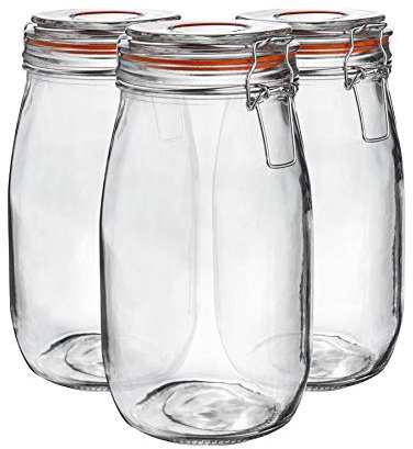 Argon Tableware Glass Jars with Airtight Metal Clip Lid - 1500ml/50.7oz - 3 Pack - 4 Colour Seals - Large Kitchen Storage Container Round Preserving Jar for Pickling, Chutney, Jam, Coffee