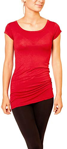 Easy Young Fashion - Damen Basic T-Shirt - langes Kurzarm Longshirt - Rundhals Longsleeve - Unterziehhemd Skinny Fit 1002 - Rot L