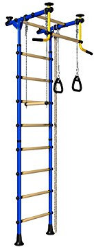 Escalera de Juegos para Niños - Se Fija Desde el Suelo Hasta el Techo - Equipo para Interiores para Entrenamiento de Deportes de Gimnasio con Equipamiento y Accesorios: Barra Trapecio Oscilante, Escalera, Anillas de Gimnasia. También se Adapta a Patios, Escuelas y Portales - Modelo Comet 2 - Azul