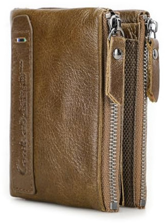 Contacts Hommes Véritable Cuir Bifold Double Zipper Coin Pocket Porte-Monnaie Marron