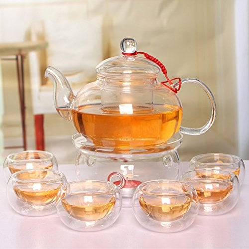 Beddingleer Ensemble de théière en verre élégant résistant à la chaleur Infuse Théière + Cuisinière + 6 Gobelets de thé Double Wall 600 ml