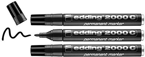 edding 2000 C permanent marker - black - pack of 3 - round tip 1.5-3 mm - quick-drying permanent markers - waterproof, smudge-proof - for cardboard, plastic, wood, metal, fabric - marker pen