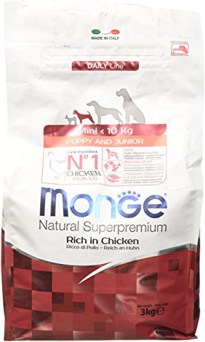 Monge Natural Superpremium PUPPY AND JUNIOR RICH IN CHICKEN, Hundefutter für alle Rassen (Trockenfutter für Hunde unter 10 kg, mit Huhn, sehr Ballaststoff- & Vitaminreich, 3 kg)