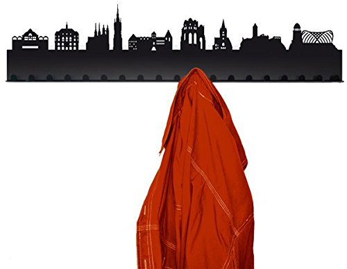 Radius Städtegarderoben - Skyline Wandgarderobe aus pulverbeschichtetem Stahl mit 19 Haken - 80 x 3 x 18 cm, Schwarz (709 T2) - über 45 verschiedene Motive (Halle (Saale))