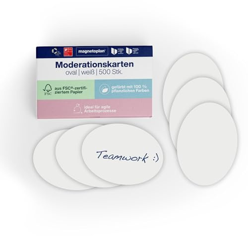 magnetoplan Moderationskarten, oval | BxH 190x110 mm | 500 Stück | Kommunikationskarten in Weiß | Für Meetings und Präsentationen | FSC-zertifiziert