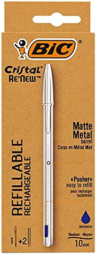 BIC CRISTAL RE NEW Refillable Rechargeable 1MM Matte Metal Barrel