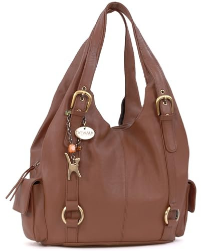 Catwalk Collection Handbags - Damen Leder Schultertasche - Handtasche Groß - Hobo Bag mit Viele Fächer - Alex - Hellbraun