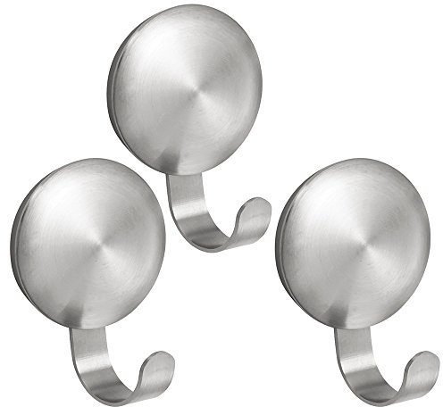 iDesign Coat Hooks for Wall, Small Stainless Steel Coat Hangers with no Drilling, Set of 3 Self Adhesive Hooks for Hallway, Bathroom or Kitchen, Matte Silver
