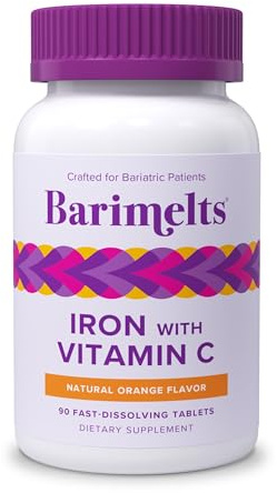 Barimelts Iron with Vitamin C, 90 Fast-Dissolving Tablets (1-Month Supply), Sugar-Free Bariatric Iron Supplement for Women, Natural Orange Flavor