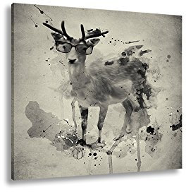 Caro-Art 60x60cm Hirsch mit Brille Splash Art Digital Art Vintage Leinwandbild auf Holzrahmen