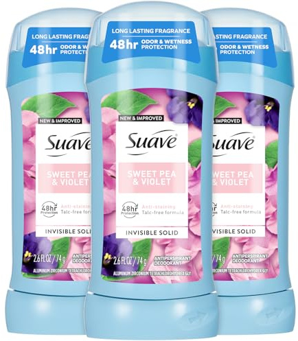 Suave Antiperspirant Deodorant for Women, Sweet Pea & Violet 3-Pack – Anti-Staining Invisible Solid Sticks, Talc-Free, 2.6 Oz Ea