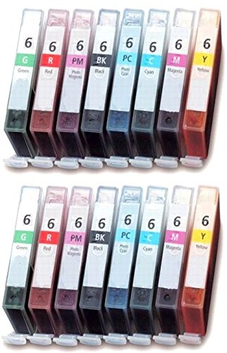 Printing Pleasure 16 (2 SETS) Compatible BCI-6 Ink Cartridges for Bubble Jet i9900 i9950 Pixma iP8500 - Black/Cyan/Magenta/Yellow/Photo Cyan/Photo Magenta/Green/Red, High Capacity