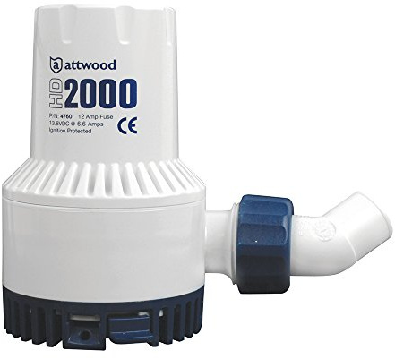 Attwood HD2000, Heavy Duty Submersible Bilge Pump 12V 2000 GPH, With Fittings 1-1/8 inch Rotating Outlet , 4760-4