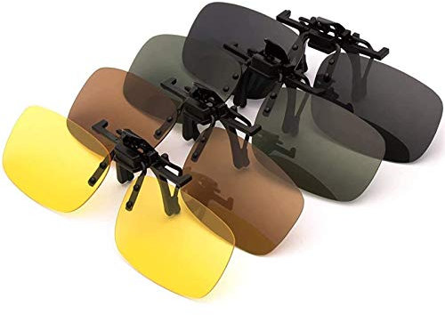 PChero 4-Pack Clip-on Polarisiert Brille für Outdoor-Aktivitäten, Nachtsicht Gelb + Grau + Dunkelbraun + Dunkelgrün - (Groß)