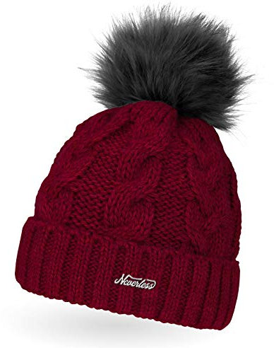 Neverless Damen Strick-Mütze gefüttert mit Fell-Bommel, Kunstfell, Winter-Mütze, Bommelmütze, Coral Unisize