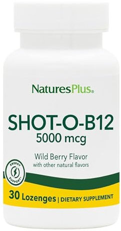 NaturesPlus Shot-O B12 Methylcobalamin - High Strength, Active, Chewable Vitamin B12 Tablets - Energy Booster - Gluten Free, Vegan - 30 Berry Flavour Lozenges