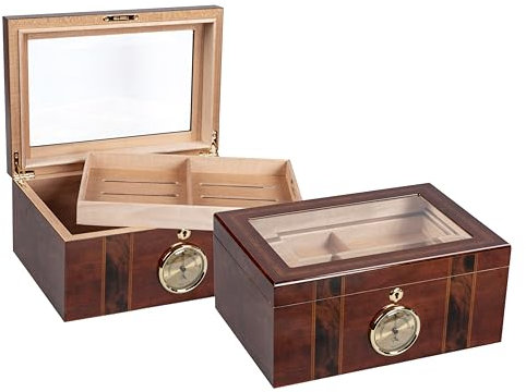 Prestige Import Group Ambassador Zigarren-Humidor mit abgeschrägter Glasoberfläche – hält bis zu 100 Kapazität – einzigartiges Inlay-Design
