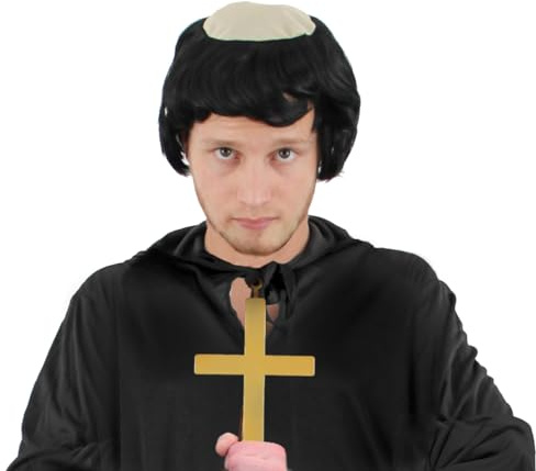Mönch-Zubehör-Set für Kostüm-Kostüm, goldfarbenes Kreuz + Perücke, Friar Tuck Cleriy ...
