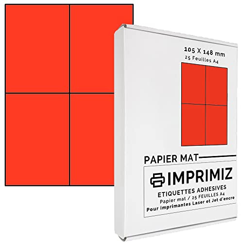 100 selbstklebende Etiketten, Neonrot, 105 x 148,5 mm, 4 Etiketten/Blatt, 25 Blatt A4, für Laser- und Tintenstrahldrucker