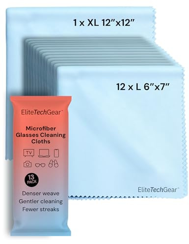 Elite Tech 13-Pack Microfiber Cloth Set - Washable Oversized Cleaner for Eyeglasses, Electronics, Screens & Lenses, Dual Sizes 6x7 & 12 x12 - Microfiber Cleaning Cloth