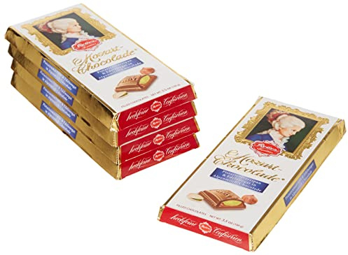 Reber Constanze Mozart-Chocolade, Alpenmilch-Schokolade, Pistazien-Marzipan, Haselnuss-Nougat, Tolles Geschenk, 5 x 100 g Tafeln