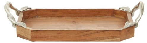 Premier Housewares Large Round Tray Handcrafted Sustainable Acacia Wood Aluminium Leaf Handles Large Tray For Tabletop Wooden Tray (37 cm x 3 cm x 46 cm)