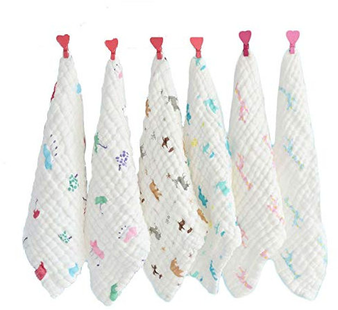 BWINKA 6-Pack Musselin Babywanne Waschlappen mit Haken, 12 x 12 wieder verwendbare Tücher, Babytücher Beste für Dusche Geschenk