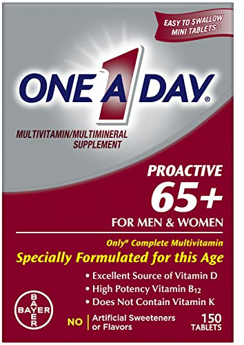 One A Day Proactive 65+, Mens & Womens Multivitamin, Supplement with Vitamin A, C, D, and Zinc to Support Bone Health & Cell Health, Calcium, Folic Acid, Tablet 150 Count