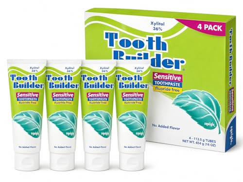 Squigle Tooth Builder Fluoride-Free Xylitol Toothpaste for Sensitive Teeth | SLS-free for sensitive teeth and mouths that react to conventional toothpaste: a gentle, unflavoured, low-foam formula 4PK