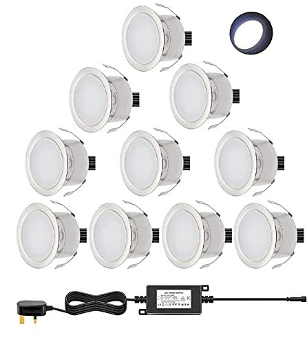 CHNXU Low Voltage Outdoor LED Decking Lights 30mm Recessed Garden Lights Waterproof IP67 Deck Lighting Kits for Kitchen Plinths, Bathroom, Patio Deck, Yard, Garden (10 Pack, Cold White)