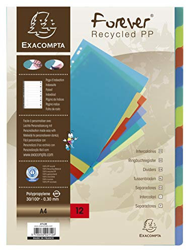Exacompta 2712E Premium-Register Forever für DIN A4 aus recyceltem Kunststoff 12-teilig volle Höhe 21 x 29,7 cm vollfarbig 2 x 6 Farben mit Indexseite zum selbstgestalten Blauer Engel Trennblätter